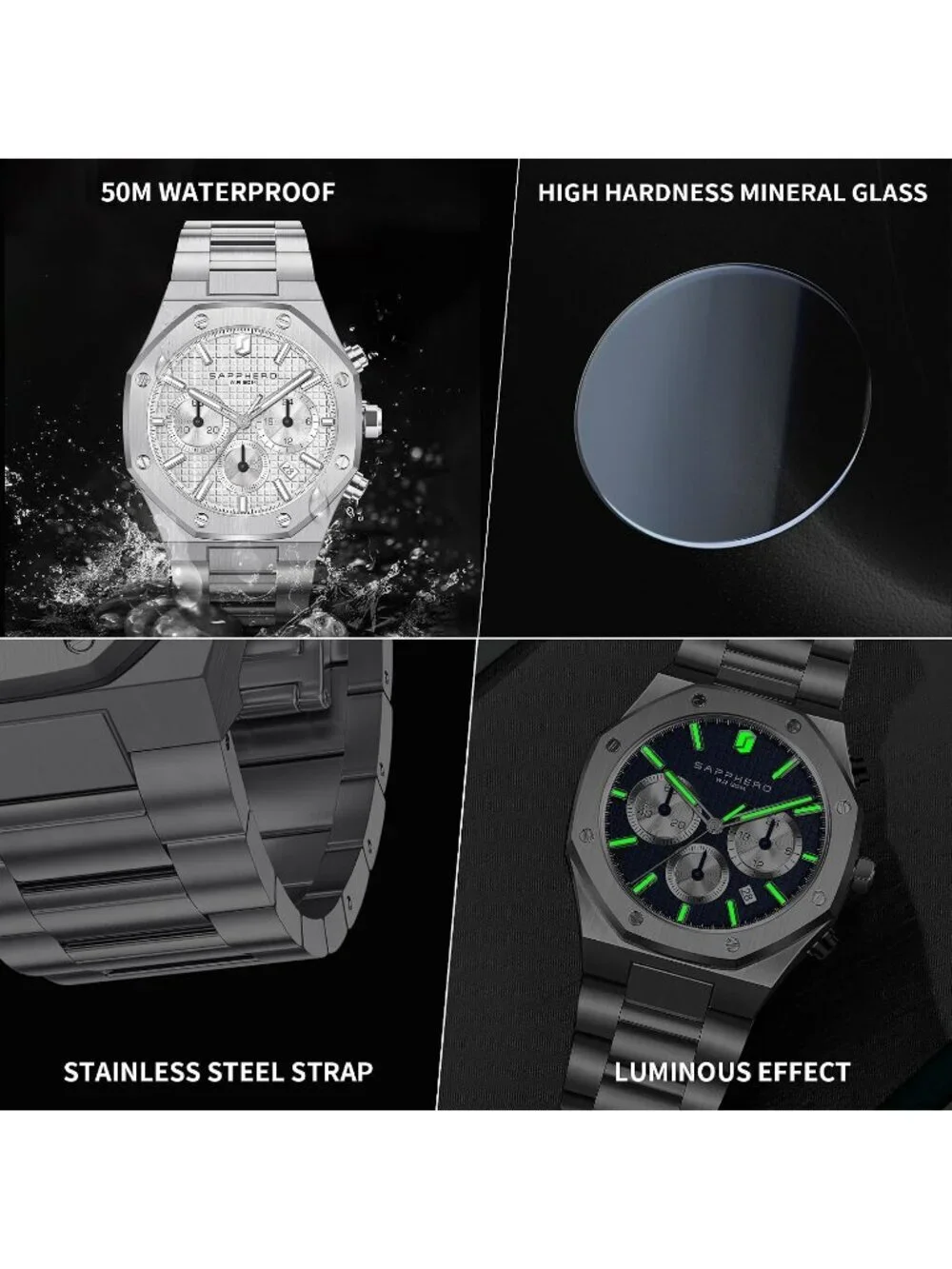 Men's Silver Strap Silver White Stainless Steel Octagonal Date Quartz Watch